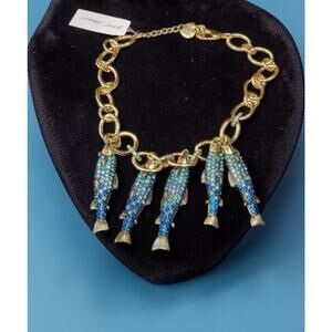 Betsey Johnson Mermaid Jewels Sardine Girl Fish Charm Necklace Blue Rhinestones
